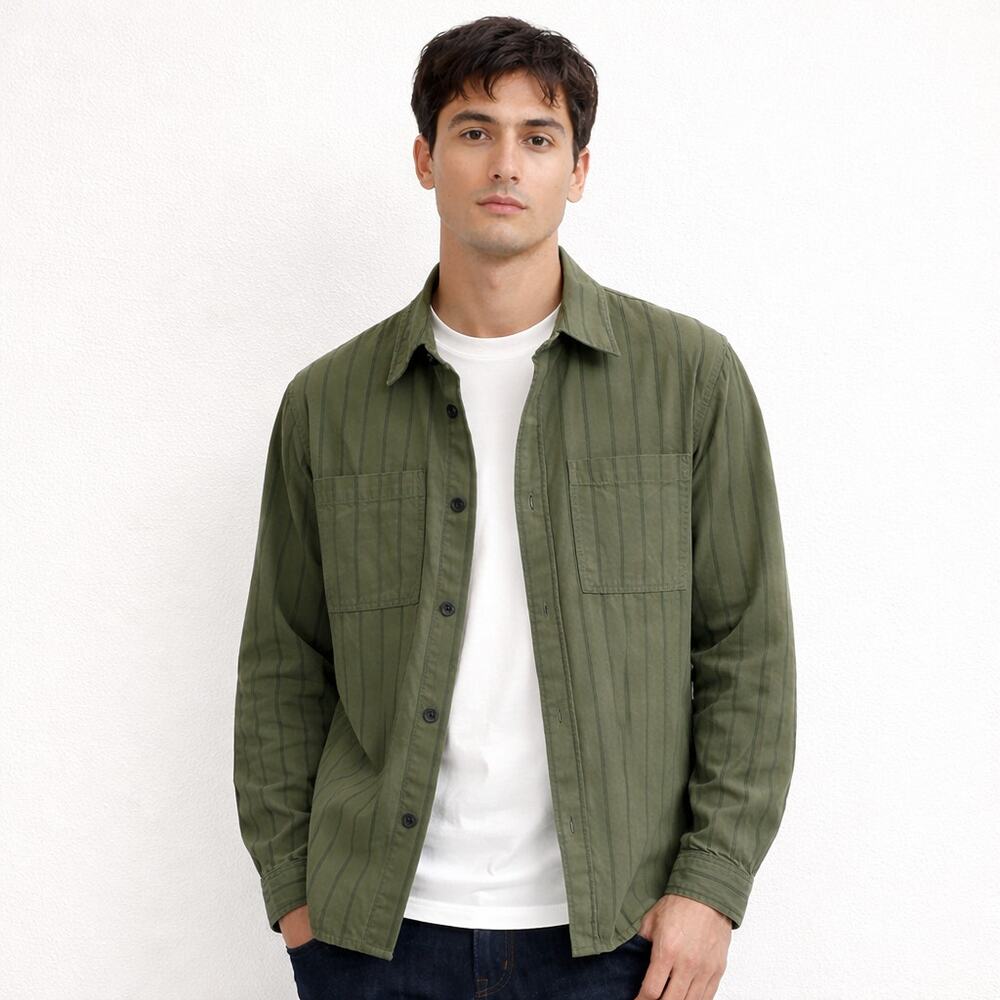 A.P.C. Bastian Overshirt in Olive Black Striped size Medium $305